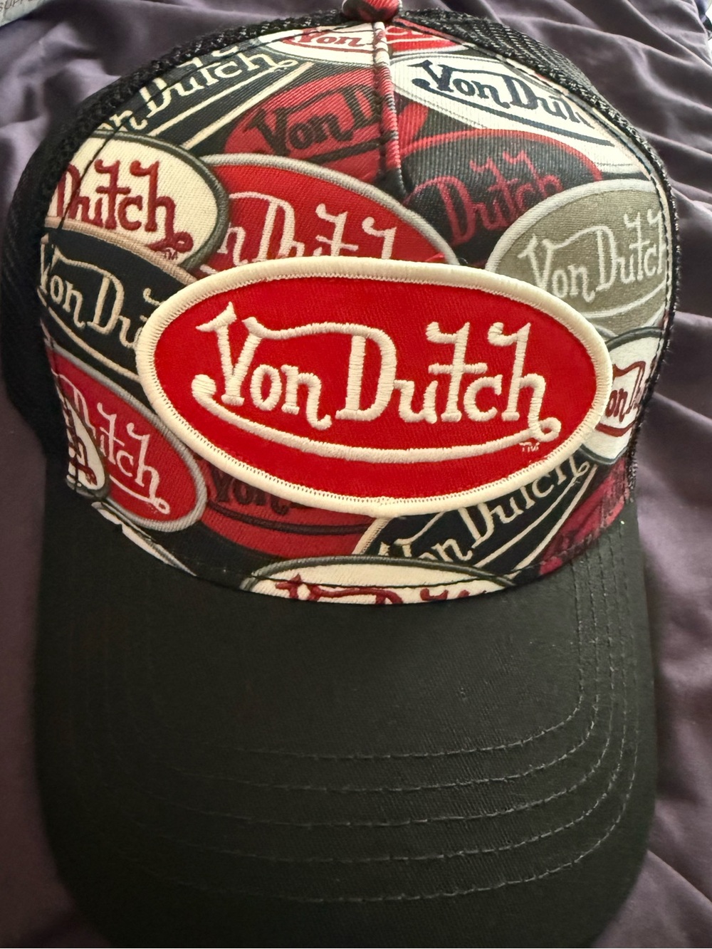 Von Dutch Multi-Logo Patch Trucker Hat in Black, Red, White
